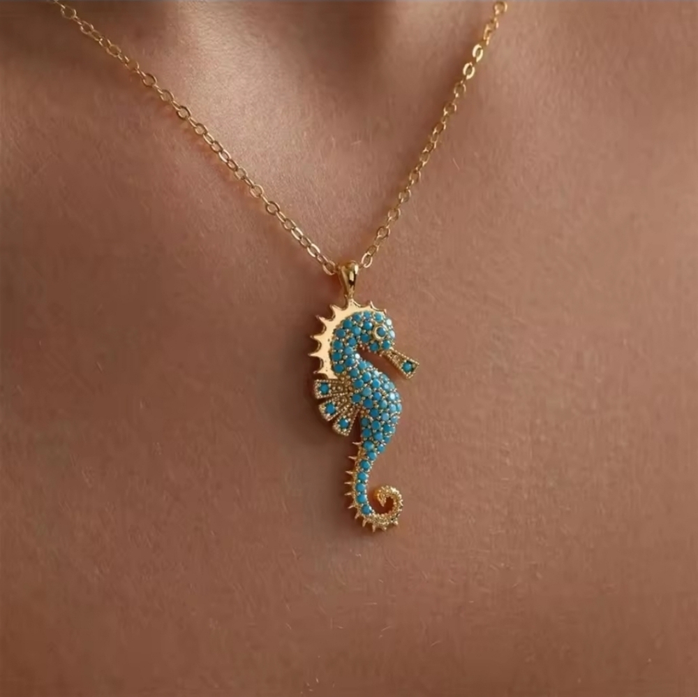 18kgp Stainless Steel. Seahorse Pendant Necklace W Aqua Blue CZs - Picture 2 of 4